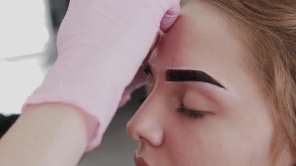 Profesionální make-up maluje obočí na klienta s hennou. — Stock video