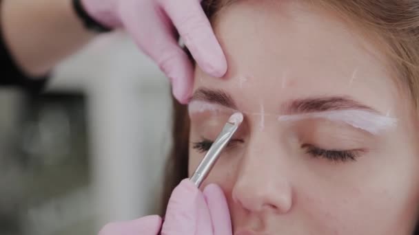 Professionell makeup artist gör ögonbryn markering för klient flicka. — Stockvideo