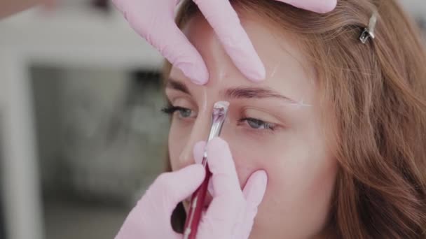 Artista de maquillaje profesional hace marcado de cejas para chica cliente . — Vídeos de Stock