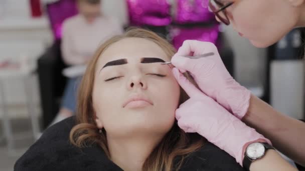Professionelle Maskenbildnerin zupft Augenbrauen für Kunden im Schönheitssalon. — Stockvideo