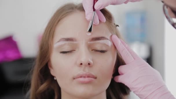 Professional makeup artist does eyebrow markup for client girl. — Stock Video