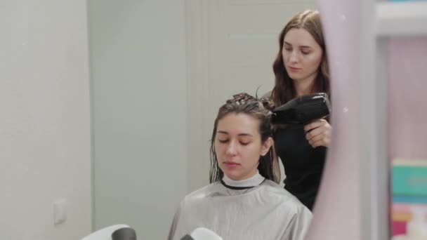 Friseurmädchen trocknet dem Kunden beim Friseur mit Haartrockner die Haare. — Stockvideo