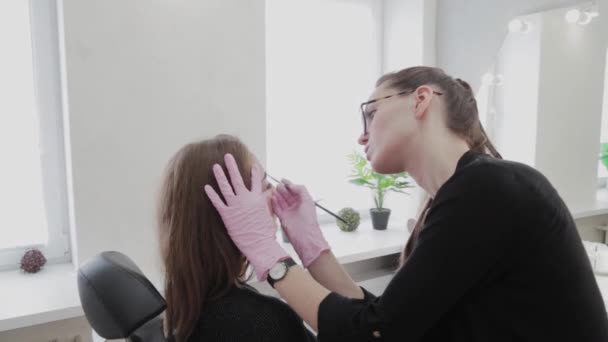 Profesionální make-up maluje obočí na klienta s hennou. — Stock video