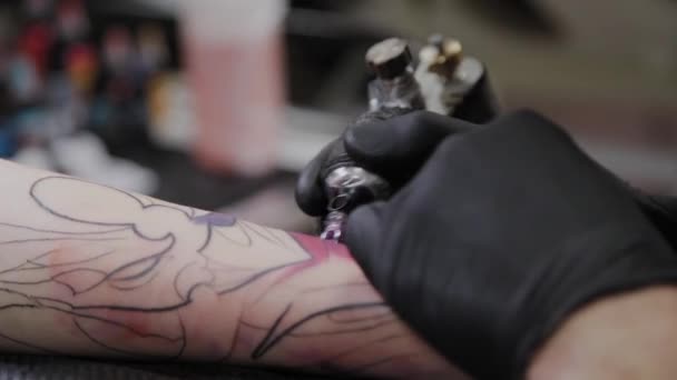 Professionell tatuerare gör en tatuering på en mans arm. — Stockvideo