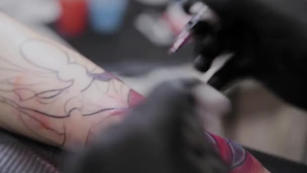 Professionell tatuerare gör en tatuering på en mans arm. — Stockvideo