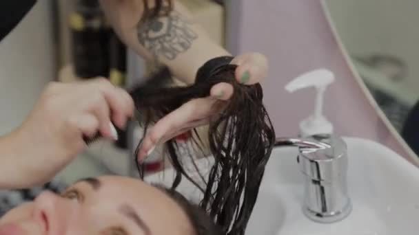 Friseurmädchen kämmt einem Kunden nasses Haar. — Stockvideo