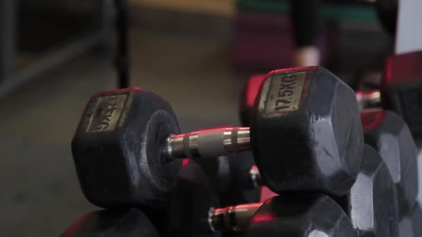 Grand et puissant athlète prend un haltère pour l'entraînement . — Video