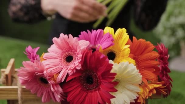 Florista recolhe um belo buquê multi-colorido . — Vídeo de Stock