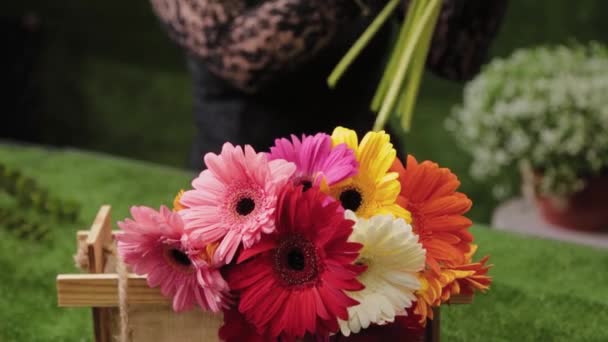 꽃사는 사람 이 여러 가지 색깔의 아름다운 꽃다발을 모은다. — 비디오