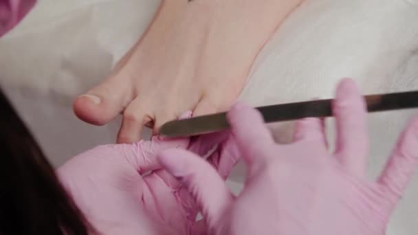 Pedicure meester snijdt een vrouw teennagels. — Stockvideo