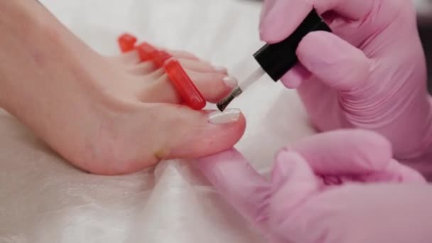 Pedicure master polishes womans toenails. — Stock Video