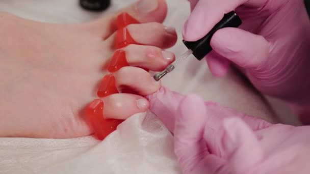 Pedicure meester poetst vrouwen teennagels. — Stockvideo