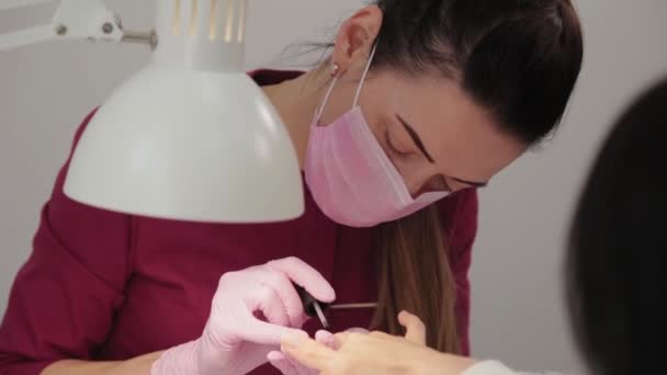 Manicurist polishes nails with a client in a beauty salon. — Stock Video