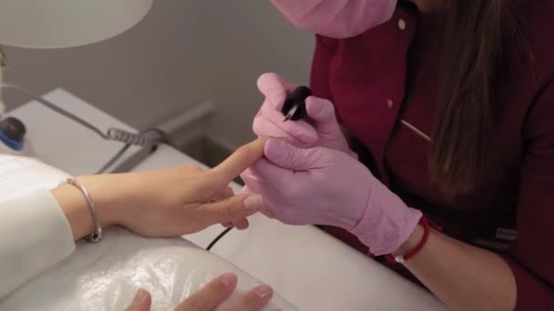 Manicurist polerar naglar med en kund i en skönhetssalong. — Stockvideo