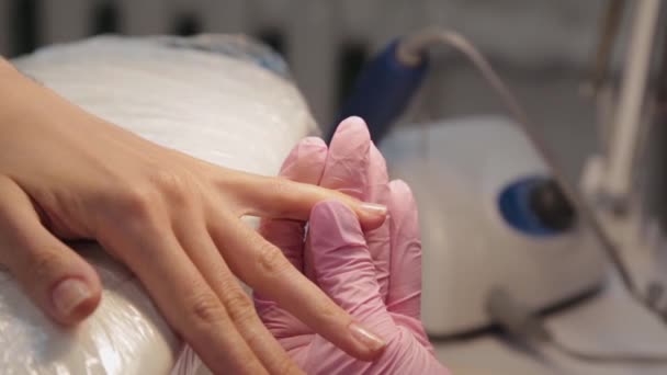 Manicura esmalta uñas con un cliente en un salón de belleza . — Vídeos de Stock