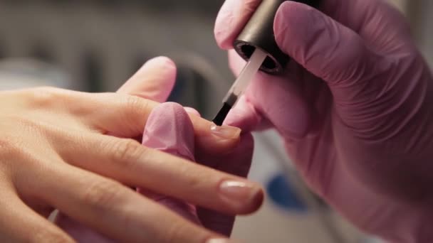 Manicurist polishes nails with a client in a beauty salon. — Stock Video