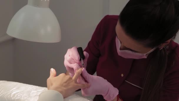 Manicura esmalta uñas con un cliente en un salón de belleza . — Vídeo de stock