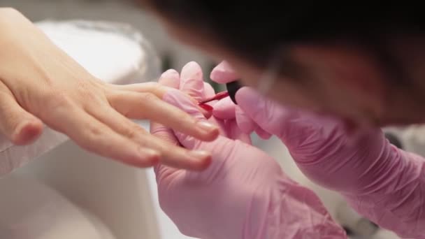 Manicura esmalta uñas con un cliente en un salón de belleza . — Vídeos de Stock