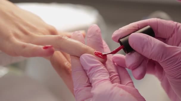 Manicurist polishes nails with a client in a beauty salon. — Stock Video