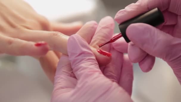 Manicure poetst nagels met een klant in een schoonheidssalon. — Stockvideo