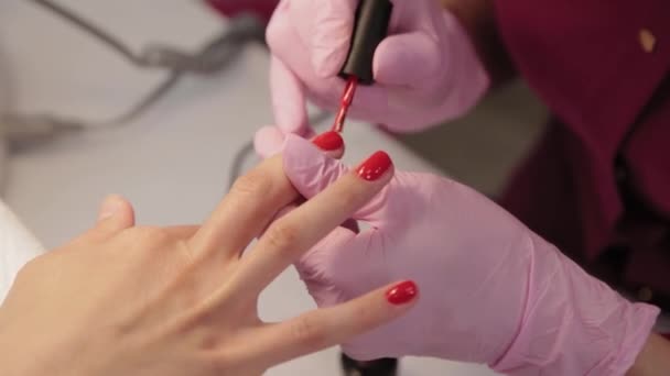 Manicure polir unhas com um cliente em um salão de beleza . — Vídeo de Stock