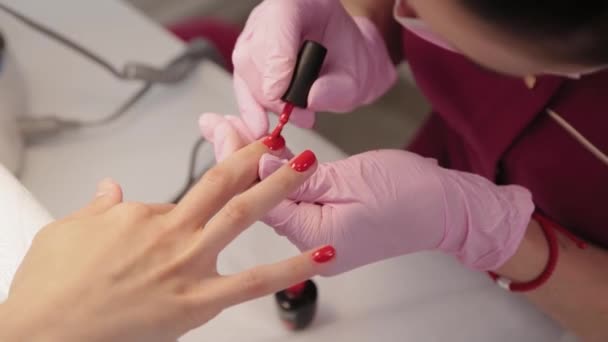 Manicure poetst nagels met een klant in een schoonheidssalon. — Stockvideo