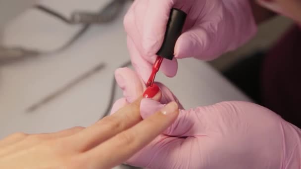 Manicurist polishes nails with a client in a beauty salon. — Stock Video