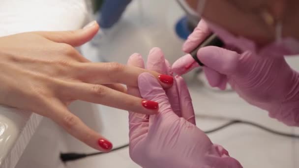 Manicura esmalta uñas con un cliente en un salón de belleza . — Vídeo de stock