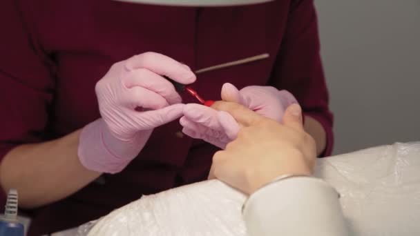 Manicura esmalta uñas con un cliente en un salón de belleza . — Vídeos de Stock