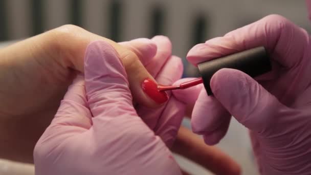 Manicurist polishes nails with a client in a beauty salon. — Stock Video