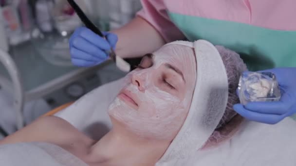 Esteticista profissional aplicando uma máscara facial a uma mulher . — Vídeo de Stock