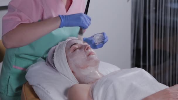 Esteticista profesional aplicando una mascarilla facial a una mujer . — Vídeos de Stock