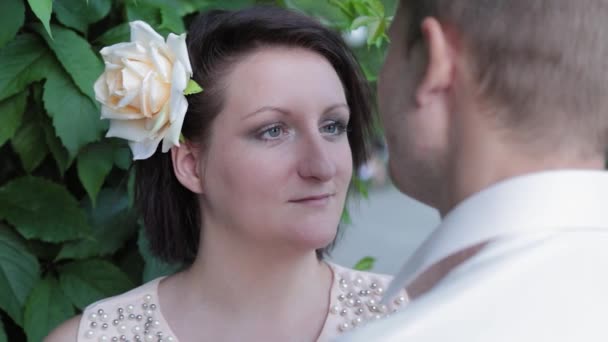 Young lovers in the bushes hugging. — Stock Video