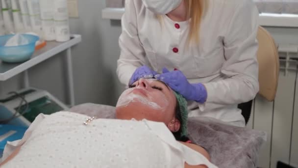 Esteticista profesional aplicando una mascarilla facial a una mujer . — Vídeos de Stock