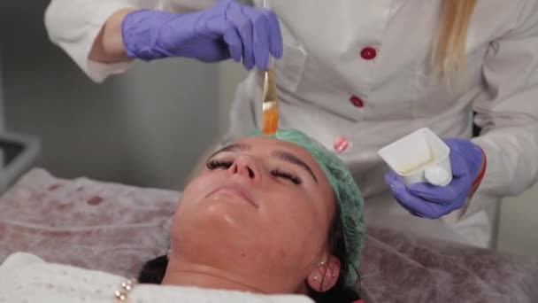 Esteticista profesional aplicando una mascarilla facial a una mujer . — Vídeo de stock