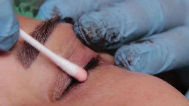 Kosmetolog använder små bomullstork för att avlägsna färgämne från ögonlocken hos kvinnliga klienter i en skönhetssalong. — Stockvideo