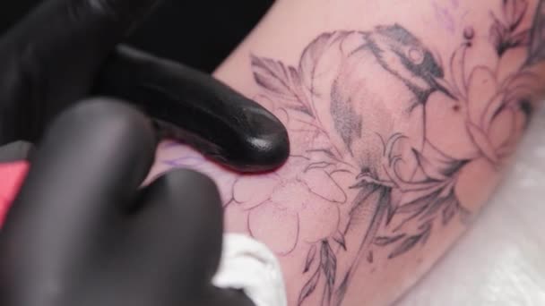 Tatuagem artista faz uma tatuagem em um braço de meninas jovens. — Vídeo de Stock