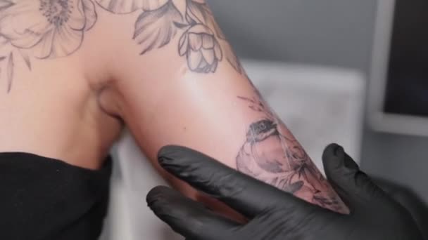 A tetováló fóliával borítja a tetoválást.. — Stock videók