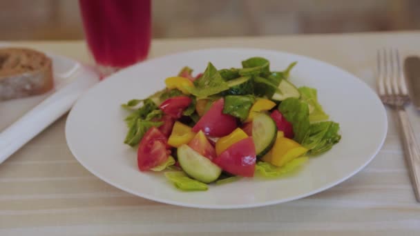 Salade de légumes frais d'été sur assiette blanche. — Video