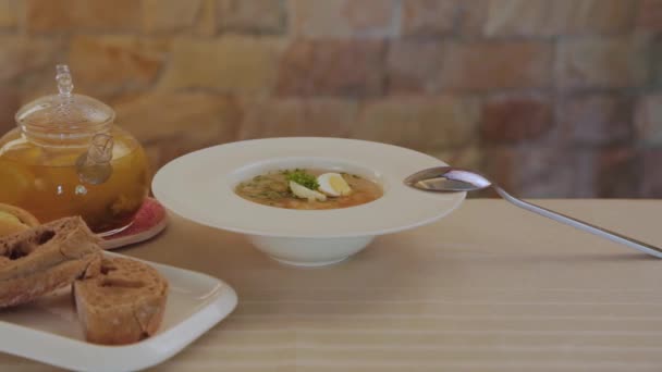 Soupe fraîche aux légumes, œufs et viande dans une assiette blanche. — Video