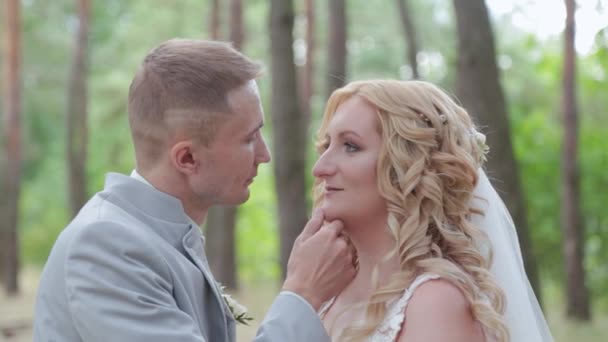 Prachtige bruid en bruidegom knuffelen en kussen in de zomer bos. — Stockvideo