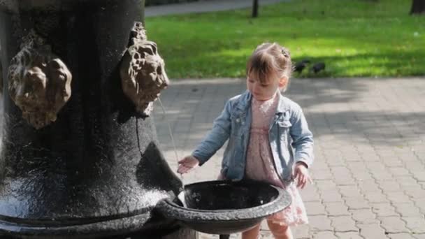 Meisje bij de drinkfontein in het park. — Stockvideo