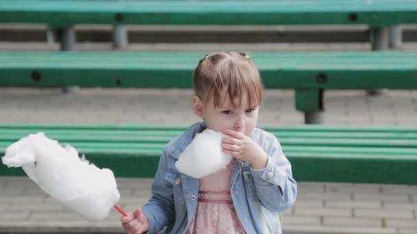 Piękna i szczęśliwa dziewczynka jedząca watę cukrową na ławce. — Wideo stockowe