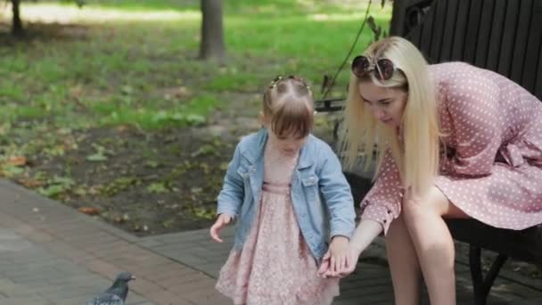 어린 딸과 함께 공원에서 비둘기를 먹이고 있는 어린 어머니. — 비디오