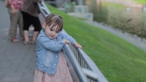 공원의 난간 옆을 지나가는 행복 한 어린 소녀. — 비디오