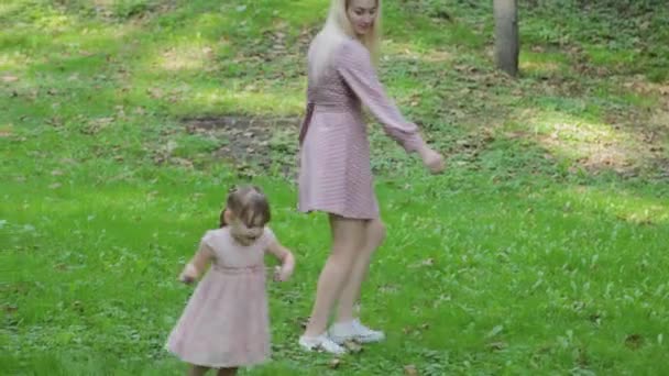 Genç anne ve küçük kızı güneşli havada parkta eğleniyorlar.. — Stok video