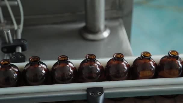 Braune medizinische Fläschchen auf einem Förderband in einer Drug Manufacturing Anlage. — Stockvideo