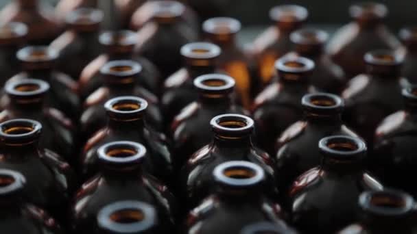 Brown medical vials on a conveyor belt at a drug manufacturing plant. — Stock Video