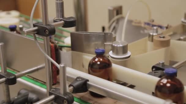 A barna injekciós üvegek címkéje. Orvosi injekciós üvegek gyógyszerrel a szállítószalagon. — Stock videók