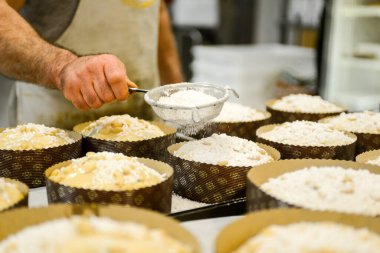 Profesyonel mutfakta pasta şefi Noel zamanı Milano panettone hazırlıyor ve pişiriyor. Panettone, Milano, Lombardiya İtalya 'dan meyveli şekerli ekmek keki.